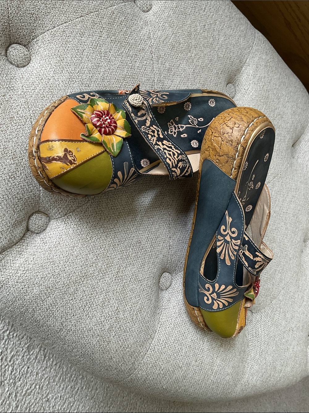 Socofy Artisan Multicolor Leather Floral Clogs - Women's Slip-On Sandals 8 - Picture 2 of 7